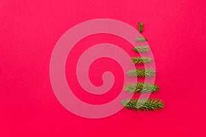 Symbol Christmas tree from a fir branches on red background. Cop