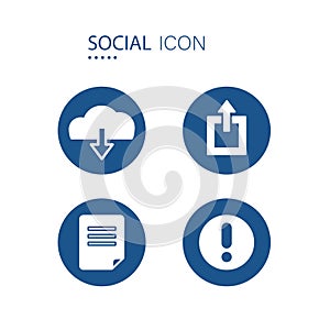 Symbol of Cloud download, Upload, File document and Warn icons. 2 icons on blue circle shape isolated on white background.