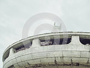 Symbol of the collapse of the Soviet Union. Close up Abandoned, collapsing monument UFO-shaped in Eastern Europe