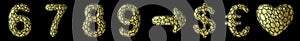 Symbol collection 6, 7, 8, 9, arrow, dollar, euro, heart made of realistic 3d render golden shining metallic.