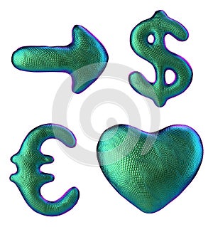 Symbol collection arrow, dollar, euro, heart made of 3d render green color. Collection of natural snake skin texture