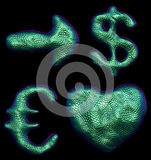 Symbol collection arrow, dollar, euro and heart made of 3d render green color. Collection of natural snake skin texture