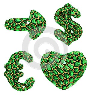 Symbol collection arrow, dollar, euro, heart made of 3d render green diamond.