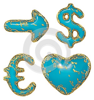 Symbol collection arrow, dollar, euro, heart made of golden shining metallic. Collection of gold shining metallic with