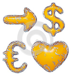 Symbol collection arrow, dollar, euro, heart made of golden shining metallic. Collection of gold shining metallic with