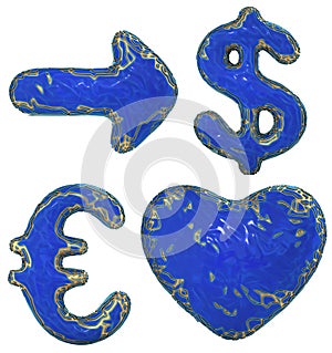 Symbol collection arrow, dollar, euro, heart made of golden shining metallic. Collection of gold shining metallic with