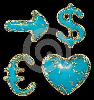 Symbol collection arrow, dollar, euro, heart made of golden shining metallic. Collection of gold shining metallic with