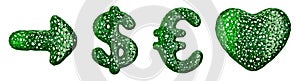 Symbol collection arrow, dollar, euro and heart made of green plastic. 3d rendering