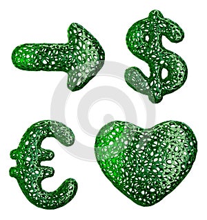 Symbol collection arrow, dollar, euro and heart made of green plastic. 3d rendering