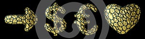 Symbol collection arrow, dollar, euro, heart made of realistic 3d render golden shining metallic.