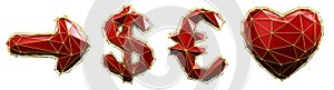 Symbol collection arrow, dollar, euro, heart made of red glass. Collection symbols of low poly style red color glass