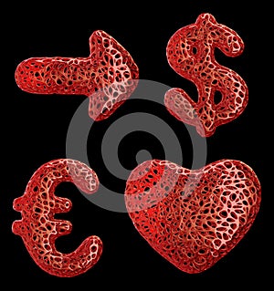 Symbol collection arrow, dollar, euro and heart made of red plastic. 3d rendering