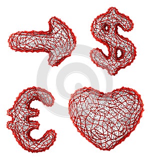 Symbol collection arrow, dollar, euro and heart made of red plastic. 3d rendering