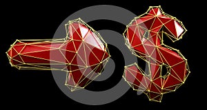 Symbol collection arrow and dollar made of 3d render red color. Collection of low polly style symbol
