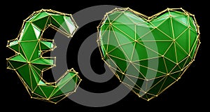 Symbol collection euro and heart made of 3d render green color. Collection of low polly style symbol