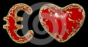 Symbol collection euro and heart made of golden shining metallic. Collection of gold shining metallic with red paint