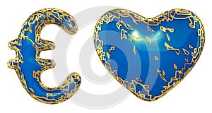 Symbol collection euro and heart made of golden shining metallic. Collection of gold shining metallic with blue paint