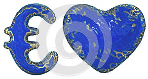 Symbol collection euro and heart made of golden shining metallic. Collection of gold shining metallic with blue paint