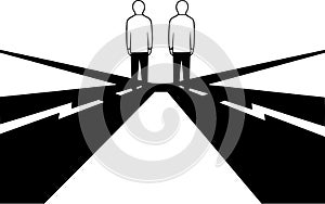 Two figures stand at a fork, their paths diverging in different directions
