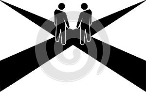 Two figures stand at a fork, their paths diverging in different directions