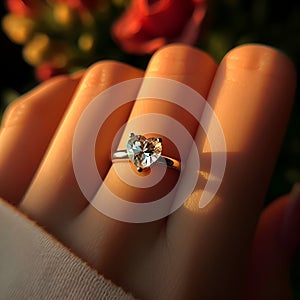 Symbol of Devotion: Slender Finger Graced by Elegant Heart-Shaped Ring. photo