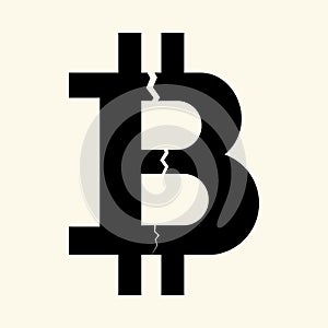 Symbol of the digital crypto currency bitcoin with a crack in the middle, flat style.