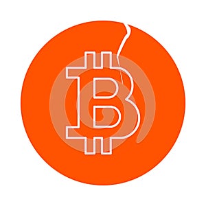 Symbol of digital crypto currency bitcoin, round linear icon with a crack, flat style