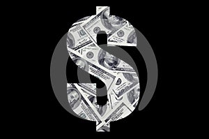 The symbol `Dollar` on a black background. A pattern from the set of scattered dollar bills as a filling characte