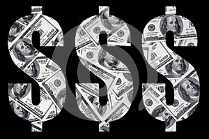 The symbol `Dollar` on a black background. A pattern from the set of scattered dollar bills as a filling characte