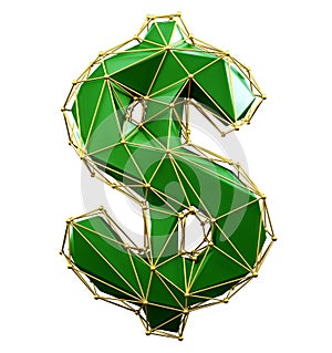 Symbol dollar made in low poly style green color isolated on white background. 3d