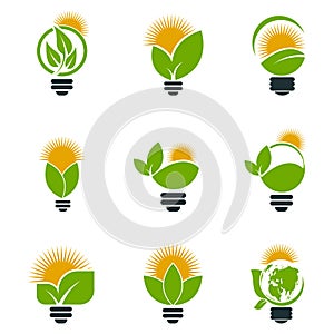 symbol ecology bulb logos of green with sun and leaves nature element icon on white background.vector illustrator