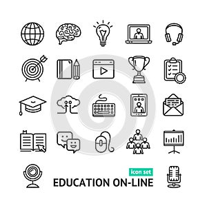 Symbol of Education Online Black Thin Line Icon Set. Vector