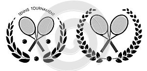 Symbol, emblem of crossed sports tennis rockets and ball for tennis with laurel wreath for competition. Tennis sports equipment.