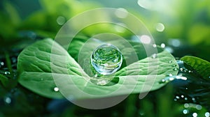 A symbol of environmental action CO2 reducing icon on a vibrant green leaf, a droplet of change, Ai Generated