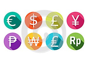 Symbol of the euro, the dollar, the pound, the yen, the ruble, the won, and the rupee