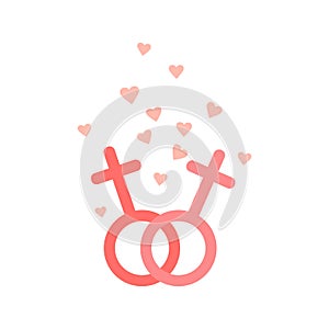 Symbol of female homosexuals with small flying hearts. Colorful vector icon for St Valentine\'s Day, Romantic