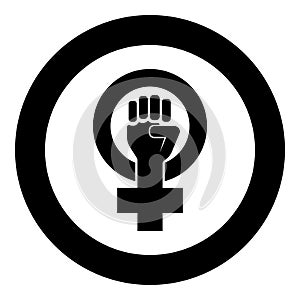 Symbol of feminism movement Gender women resist Fist hand in round and cross icon in circle round black color vector illustration