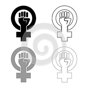 Symbol of feminism movement Gender women resist Fist hand in round and cross icon outline set black grey color vector