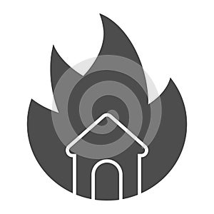 Symbol of fire and home solid icon. House in fire glyph style pictogram on white background. Property burning tragedy