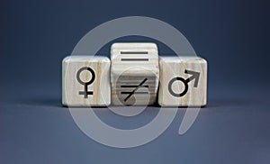 Symbol for gender equality. Turned a cube and changed a unequal sign to a equal sign between symbols of men and women. Beautiful