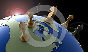 Symbol of geopolitics the world globe with chess pieces photo