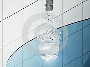 Symbol H2O dribbles into the glass computer rendering