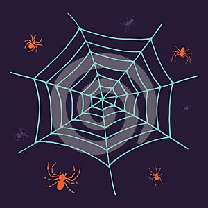 Symbol of halloween. Blue web and orange spiders.