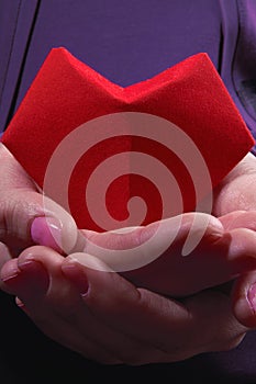 Symbol of the heart in women& x27;s palms. Red paper heart in woman hands. Close-up.