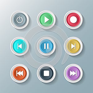 Symbol icon set media player control white round buttons. vector illustrator