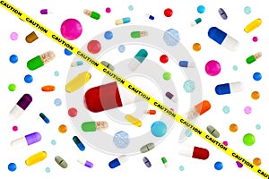 Symbol image of drugs danger : Many colorful medicines. Pills and capsules on white background