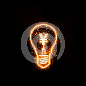 Symbol of Japanese currency Yen inside a sparkling bulb