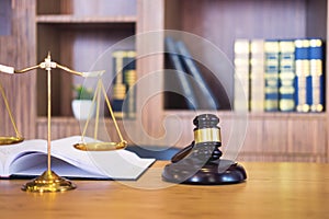 Symbol of Judge law attorney gavel with Justice lawyers table desktop, workplace with documents