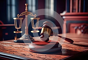 Symbol of Justice: Judge\'s Gavel and Scales of Justice in Courtroom - Generative AI