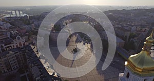 Symbol of Kiev - Monument to Cossackâ€™s commander Bogdan Khmelnitsky . Aerial